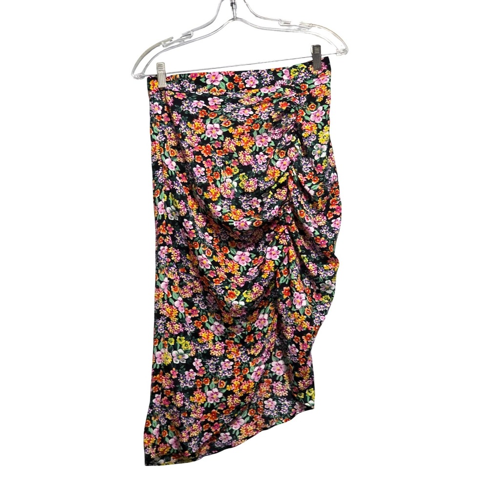 Hope‎ Horizon Floral Ruched Asymmetrical Midi Skirt Black Multicolor Womens S